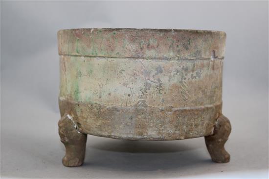 A Chinese green glazed tripod vessel, Han dynasty, 21.5cm diam.